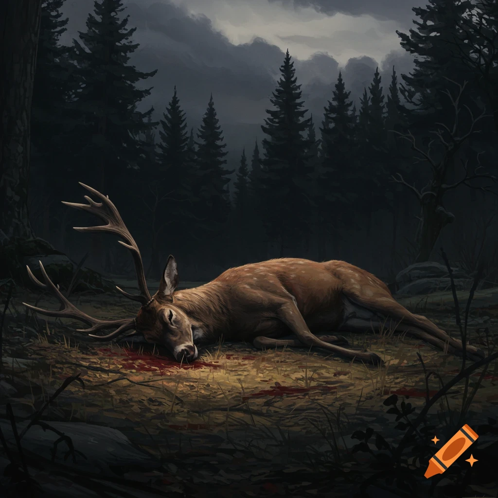 A dead deer lying on the ground with blood in a dark forest.