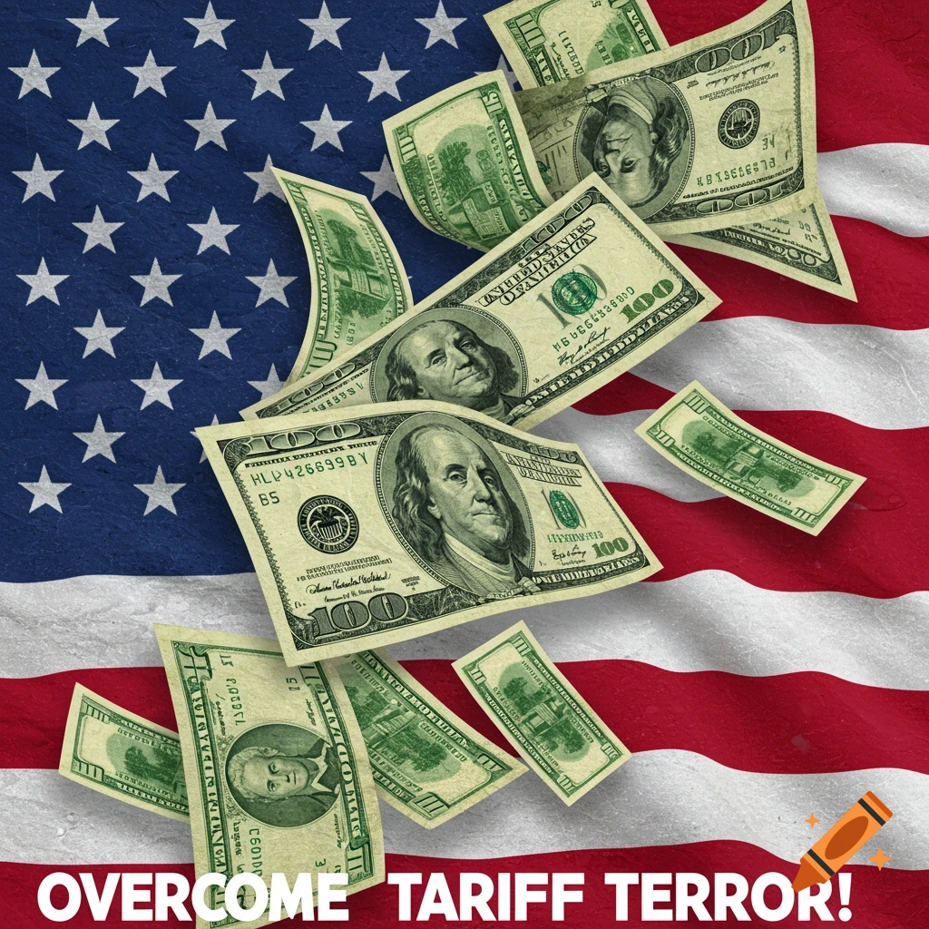 US dollar bills float over a waving American flag with the text 'OVERCOME TARIFF TERROR!' at the bottom.