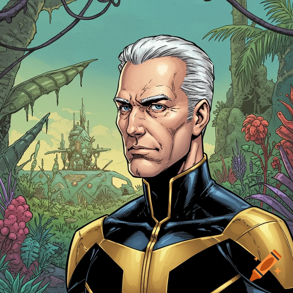 Comic book style portrait of a man with grey hair in a black and gold suit in a jungle setting with a futuristic building.