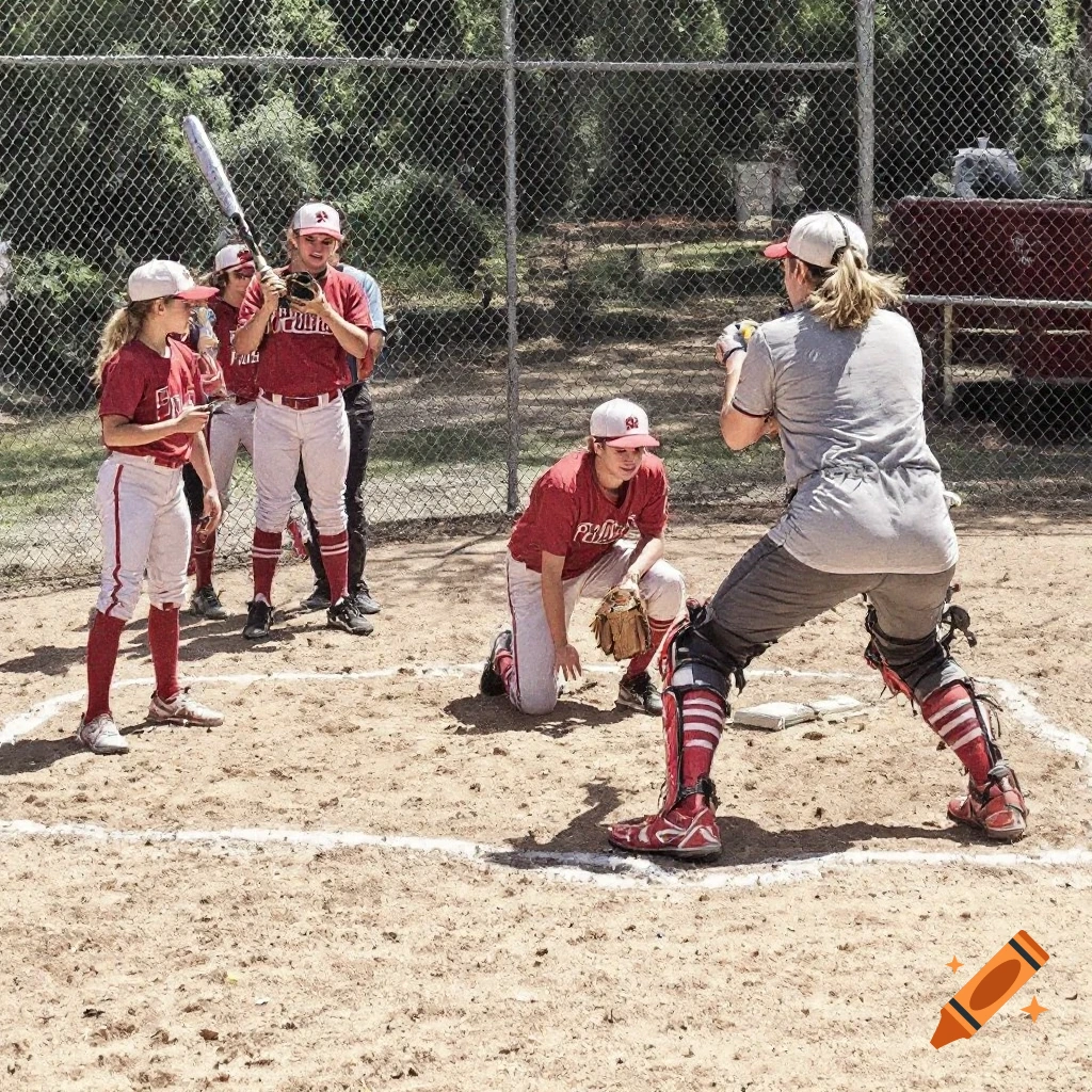 A group of people in baseball uniforms practicing on a dirt field with a fence in the background.