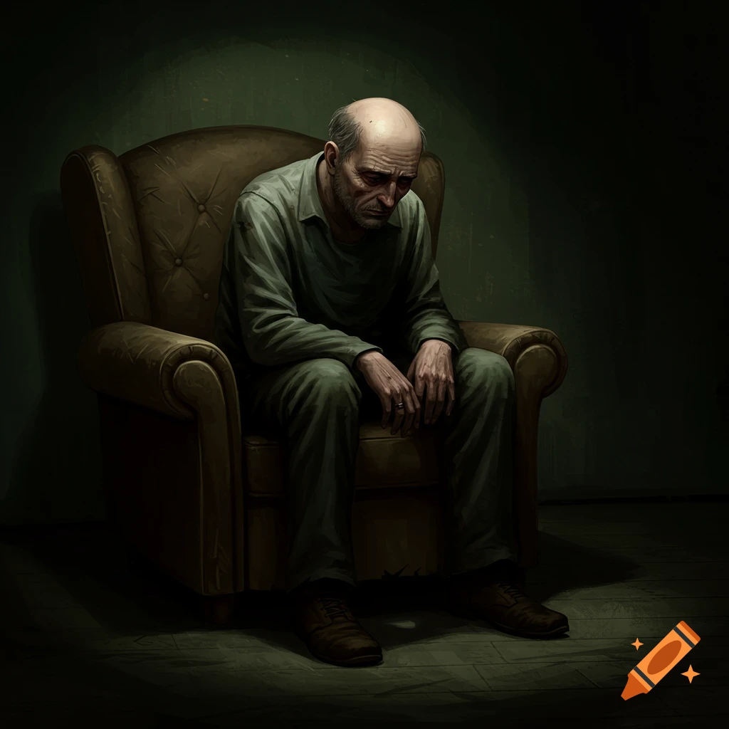 A sad, bald man sits slumped in a brown armchair.