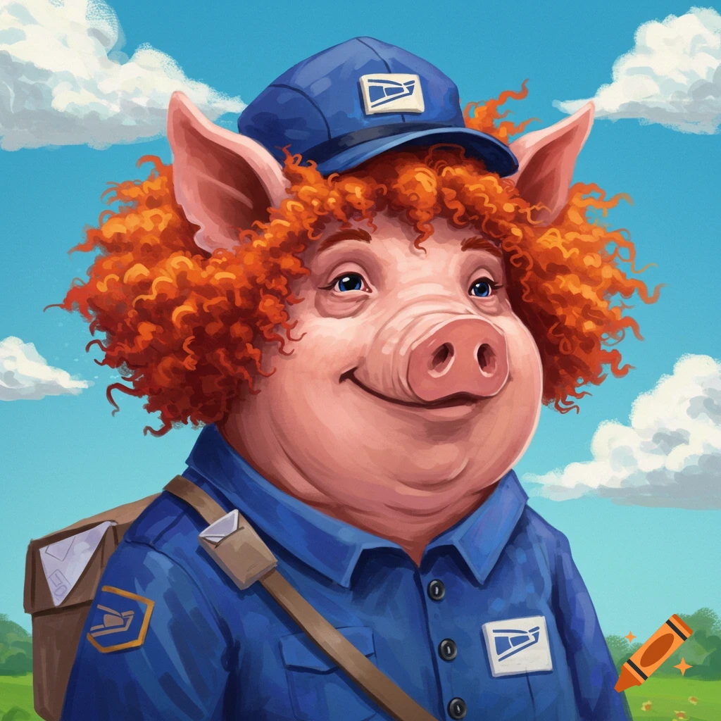 A pig with red hair wearing a postal uniform and hat.