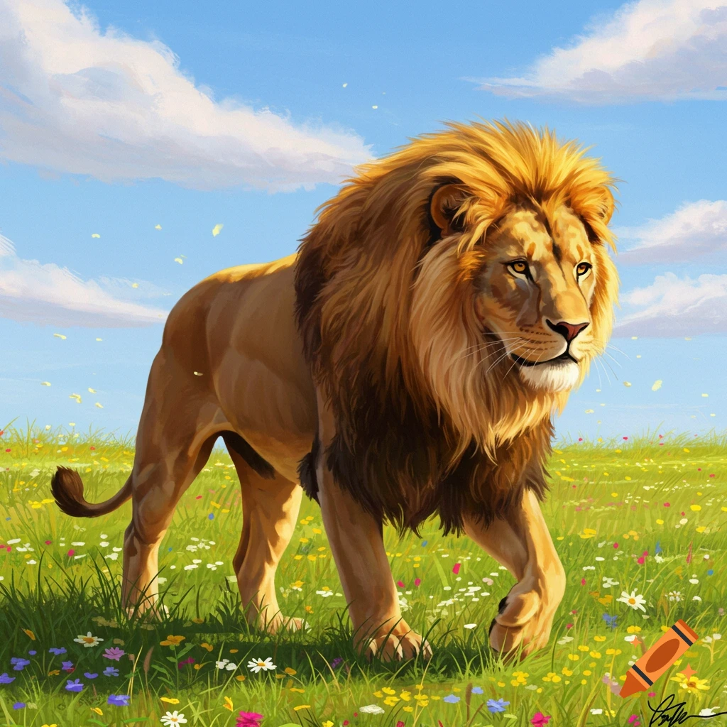 A lion is walking through a meadow with wildflowers.
