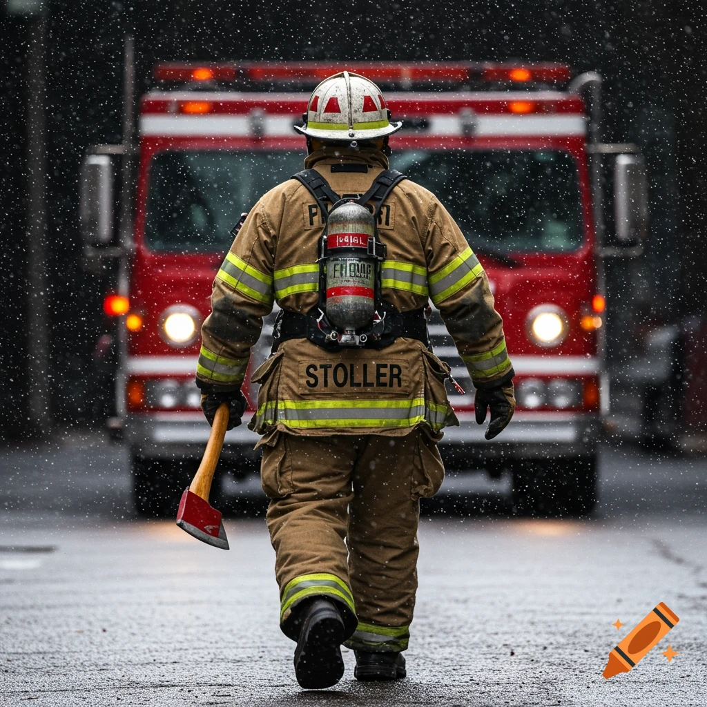 A firefighter holding an axe walks away from a fire truck in the rain.