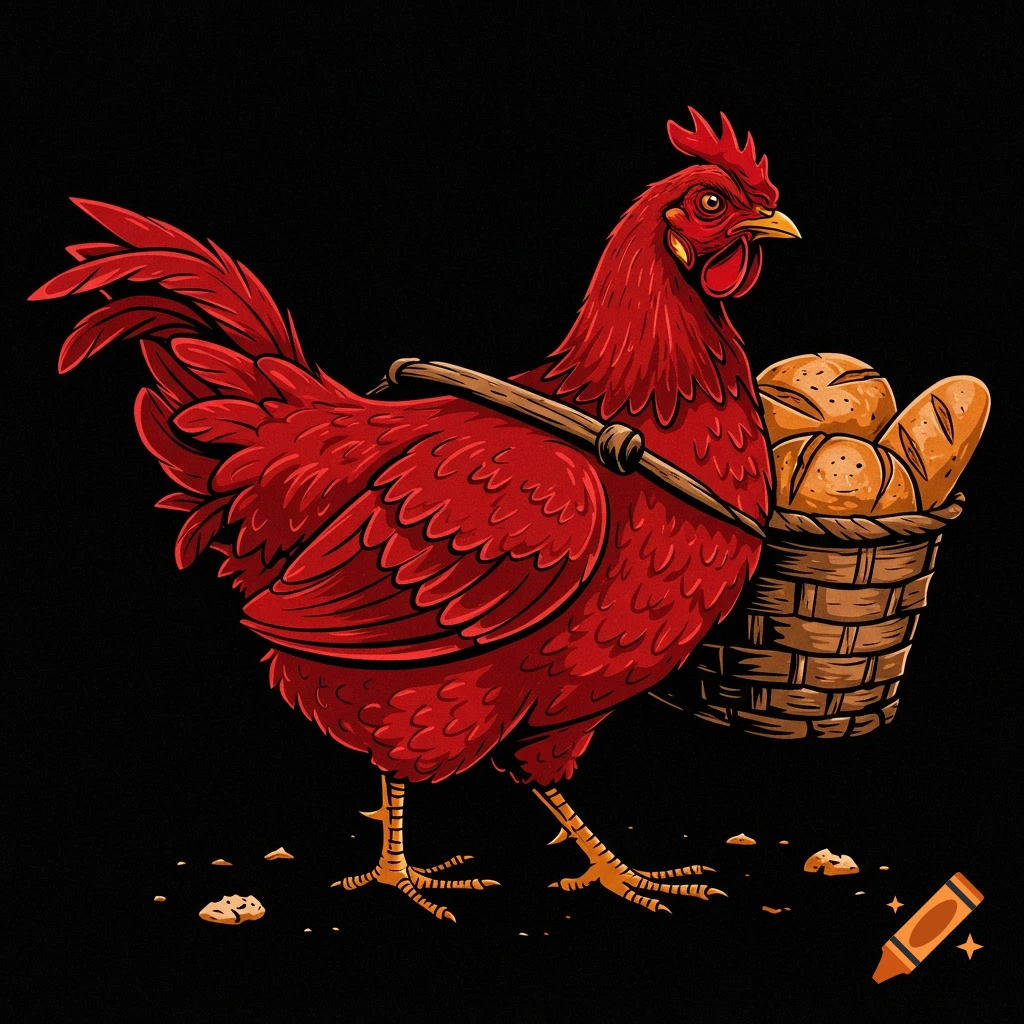 Illustration of a red hen carrying a basket of bread on its back