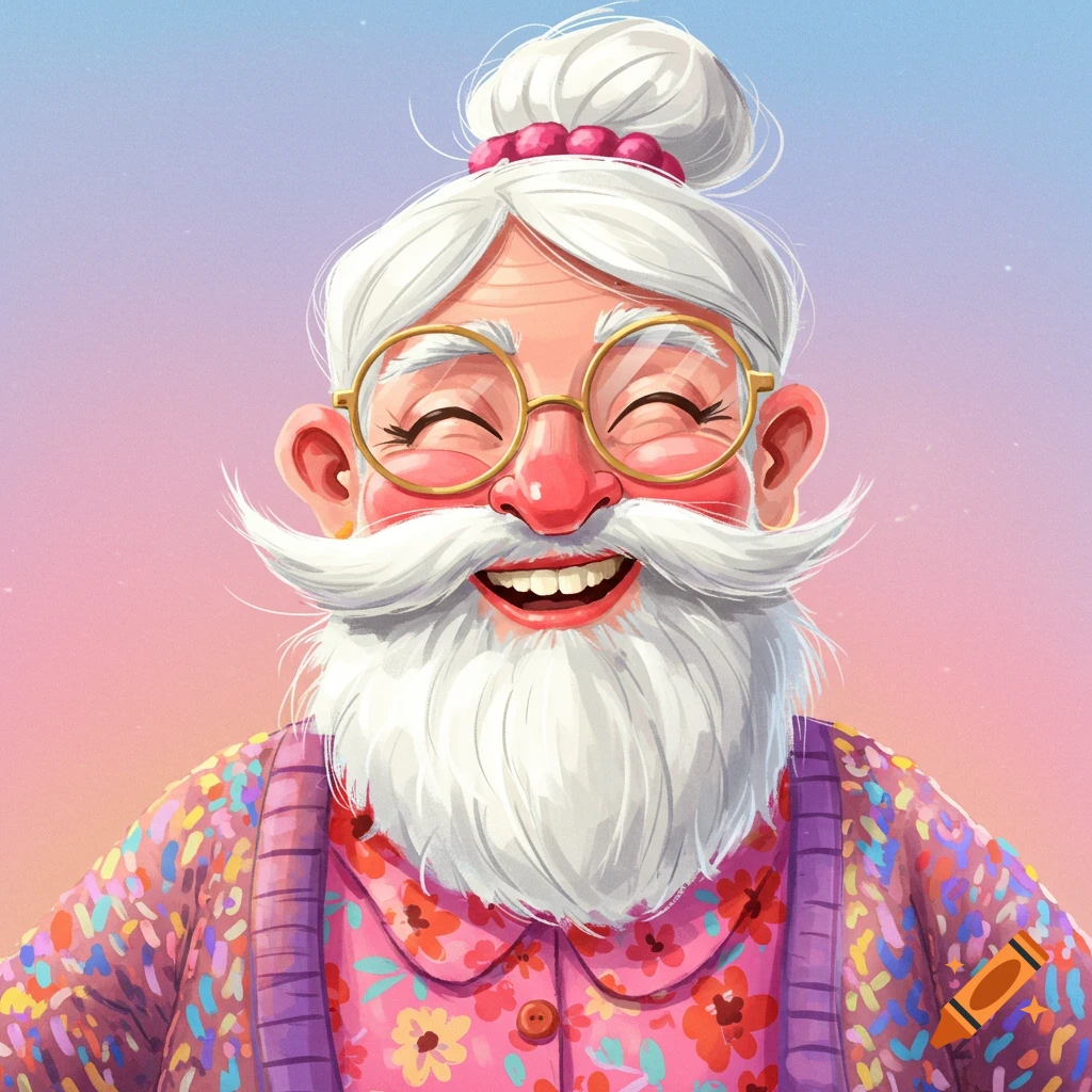 A smiling woman with a white beard, round glasses, and hair bun, wearing a colorful shirt.