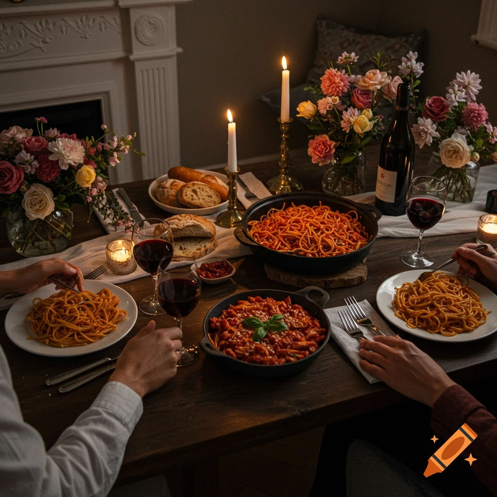 Close-up of a dinner table set for two with plates of pasta, wine glasses, candles, and flowers.