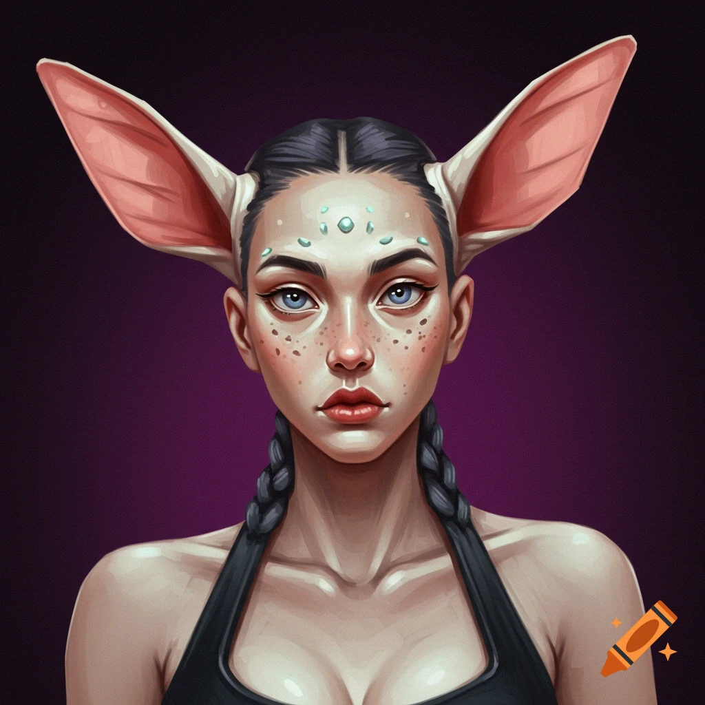 Painting of a woman with large ears and forehead markings.