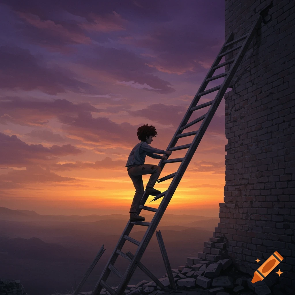 A person climbs a broken ladder towards a building at sunset.