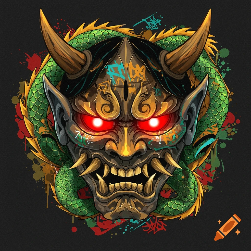 An Oni mask with glowing red eyes, fangs, and horns, wrapped by a green dragon, with graffiti-like text and paint splatters.