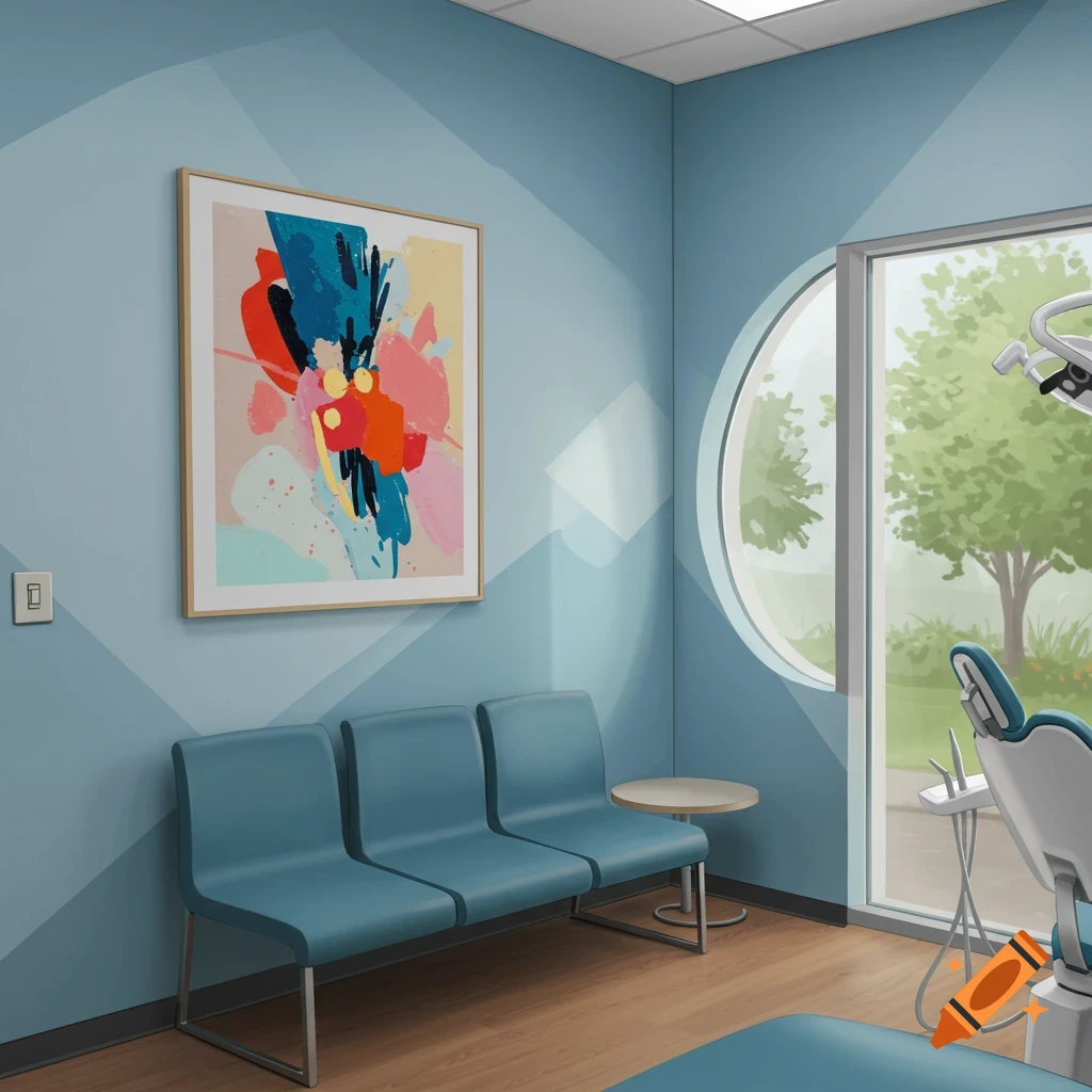 A dental office waiting area with blue chairs, abstract art, and a round window.