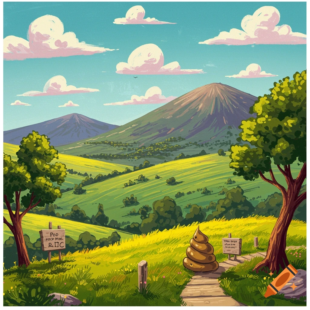 Cartoon landscape with a large pile of poop on a path, rolling hills, mountains, trees, and signs, in a vibrant style.