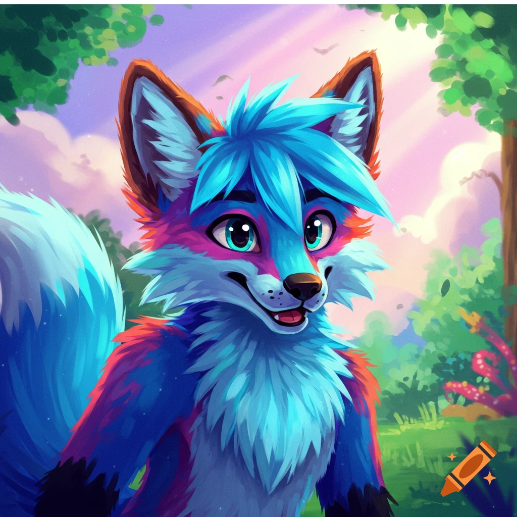 A colorful furry fox with blue hair in a forest