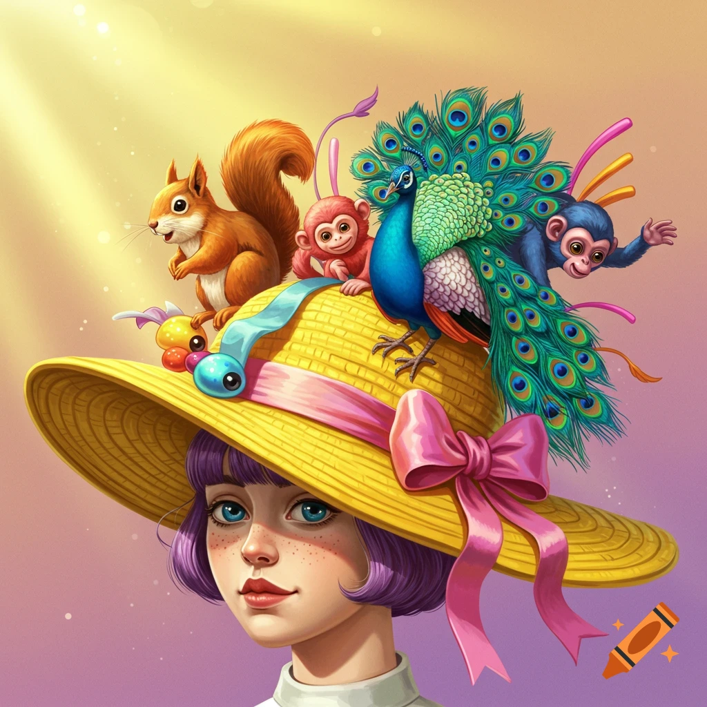 A young person wearing a wide yellow hat decorated with a squirrel, monkeys, and a peacock.