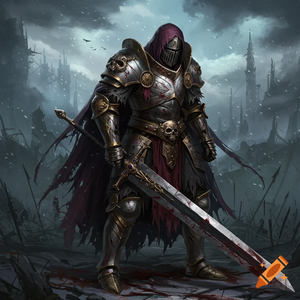 A heavily armored warrior with a blood-stained sword stands in a snowy, desolate battleground.