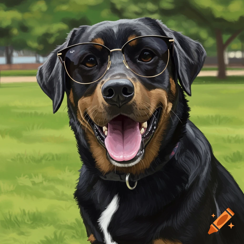 A dog wearing sunglasses and smiling in a park.