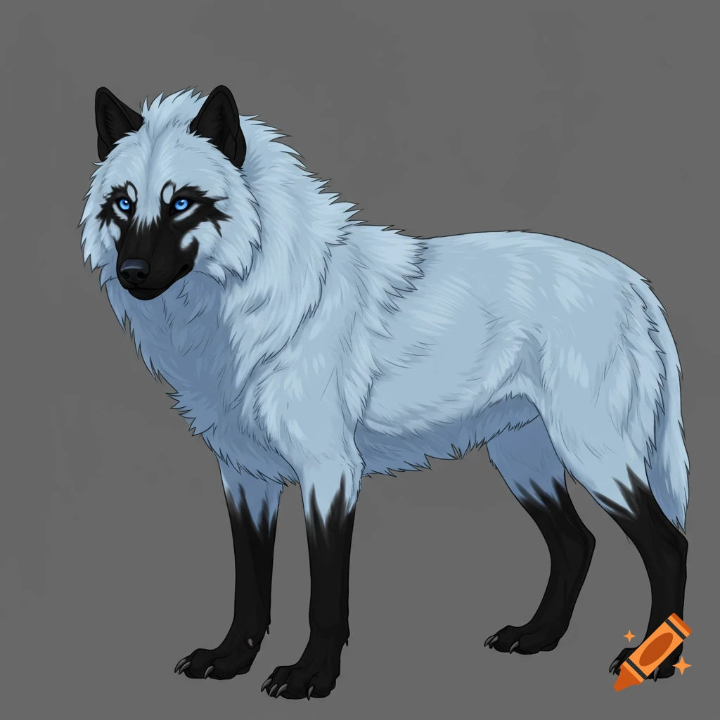 Illustration of a wolf with light blue fur, black legs, face, and ears, and intense blue eyes.
