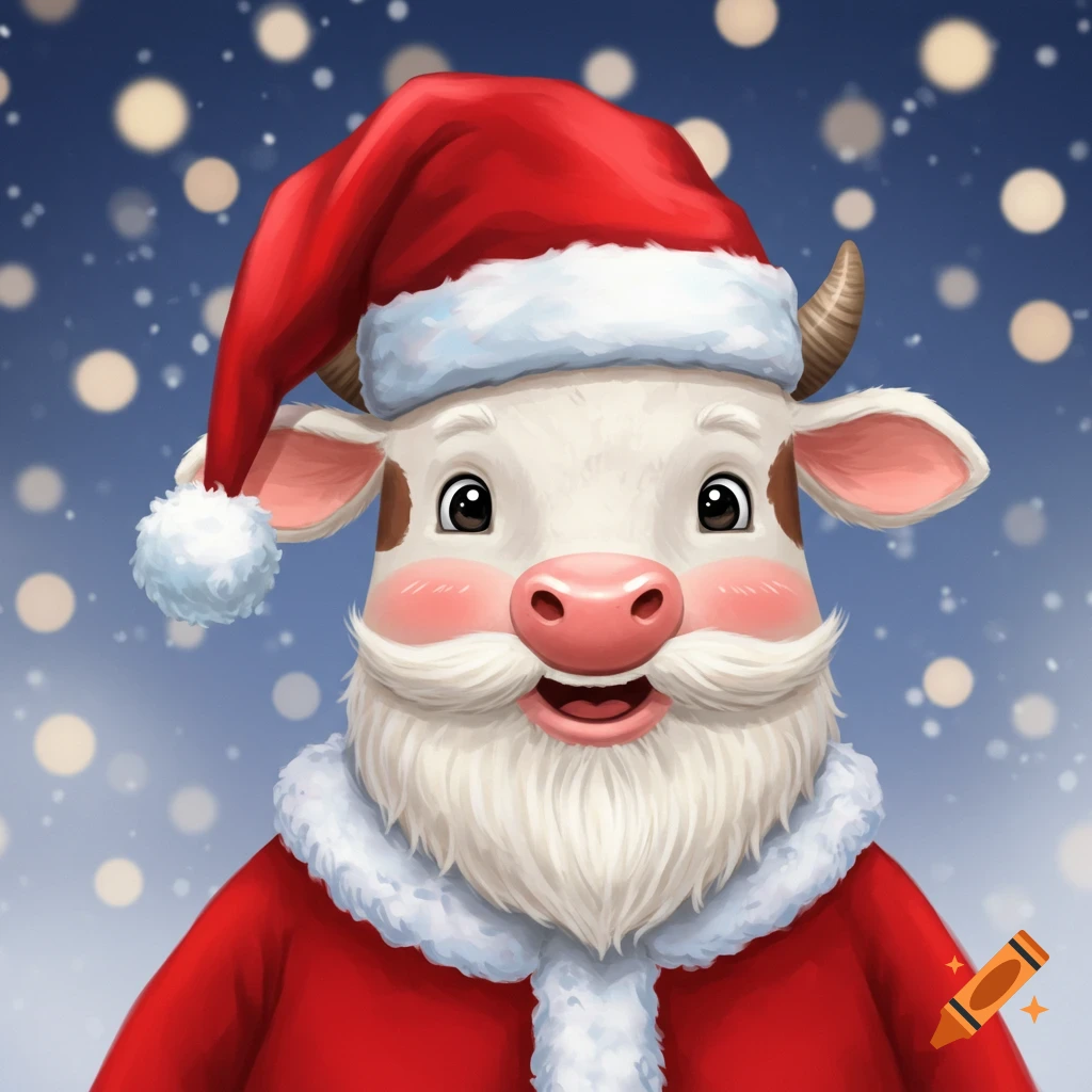 A cute cow dressed as Santa Claus