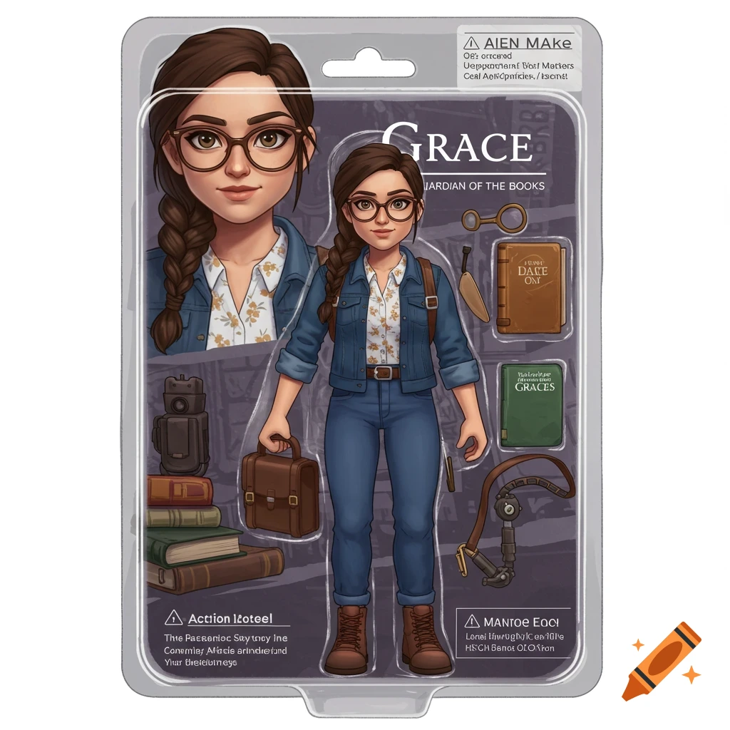 An action figure of a woman named Grace in packaging, with books and accessories.