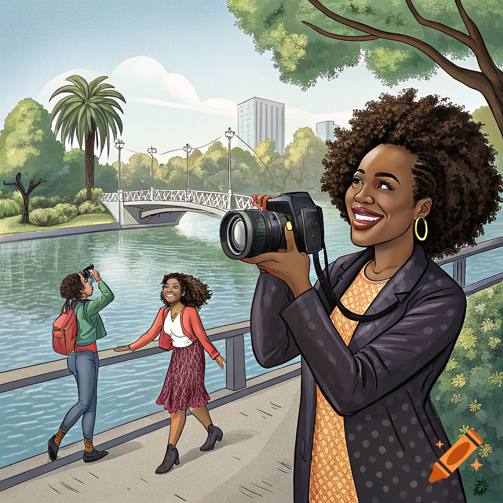 Illustration of a photographer taking pictures of two women in a park setting by a lake.