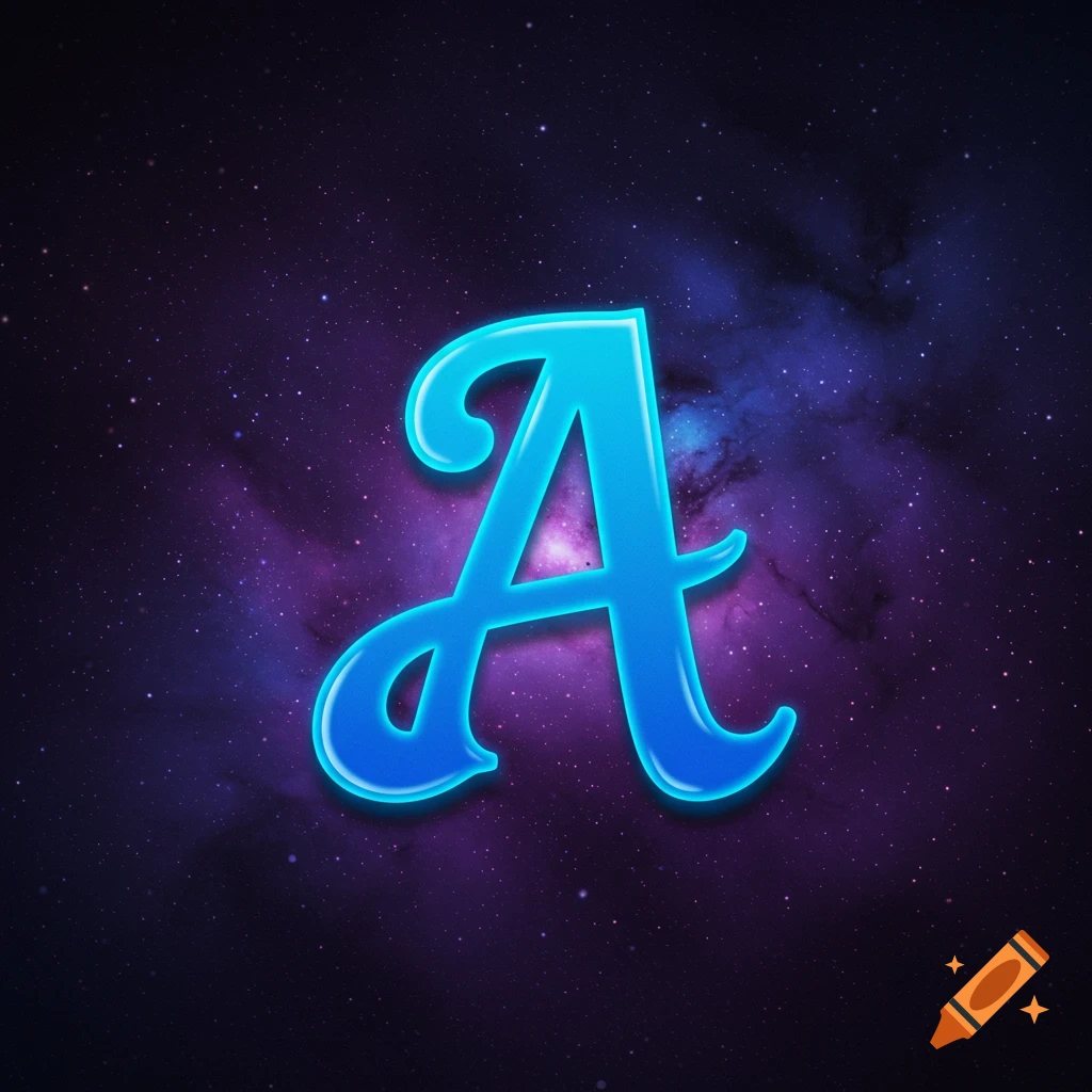 A glowing blue script letter A against a starry purple and blue galaxy background.