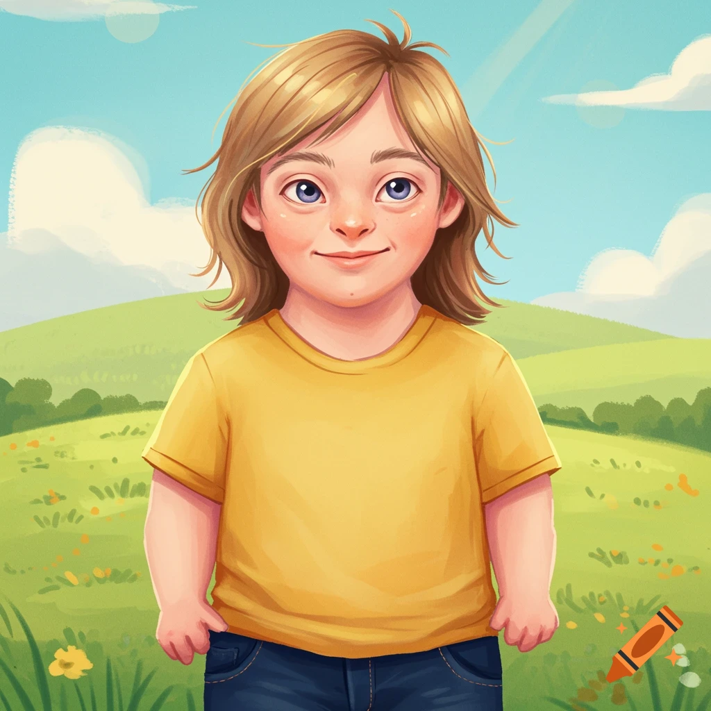 Digital illustration of a child in a yellow shirt standing in a sunny green field.