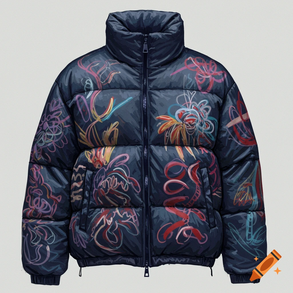 A dark blue puffer jacket adorned with colorful abstract artistic designs