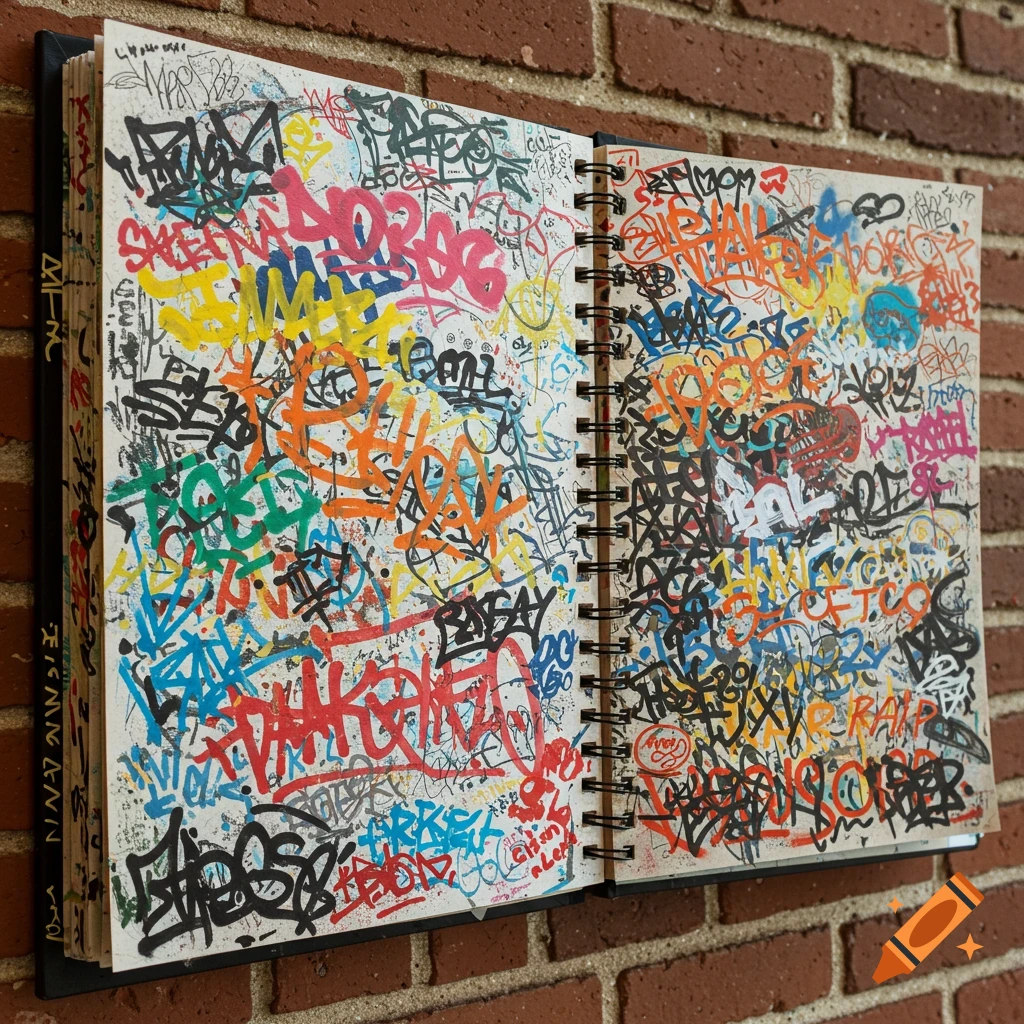 An open sketchbook displays pages filled with colorful, overlapping graffiti tags against a brick wall.