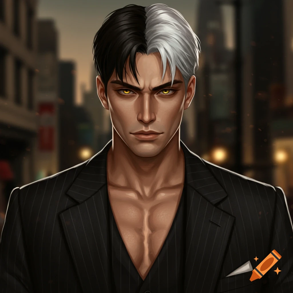A man with half black, half white hair and gold eyes in a suit.