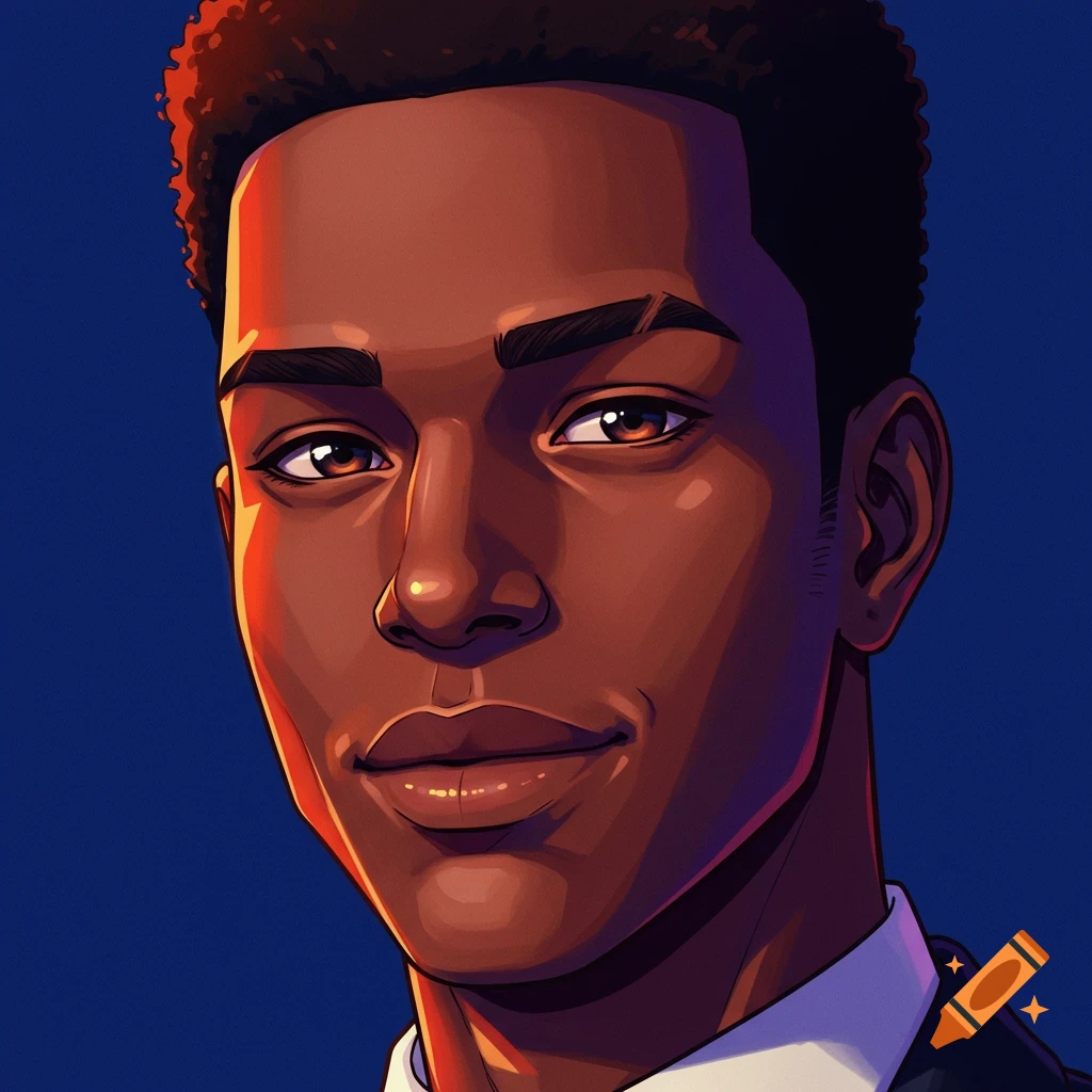 Anime portrait of a young dark-skinned man from the neck up.