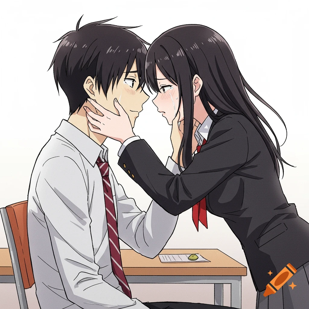 Anime illustration of a male and female student embracing, the girl crying.