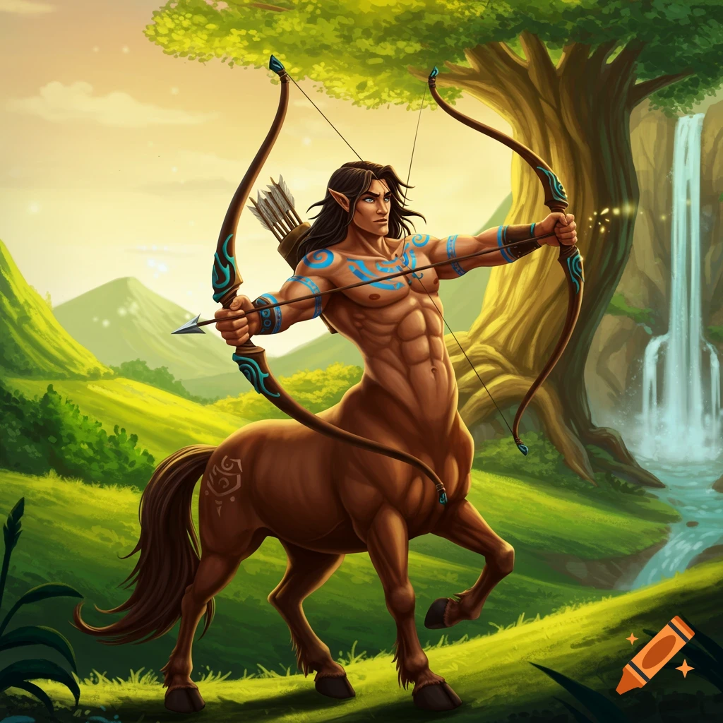 A muscular centaur archer is drawing a bow in a forest near a waterfall.