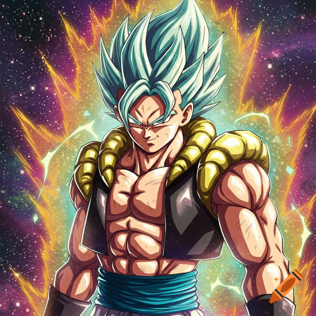 Anime character Gogeta surrounded by energy in space