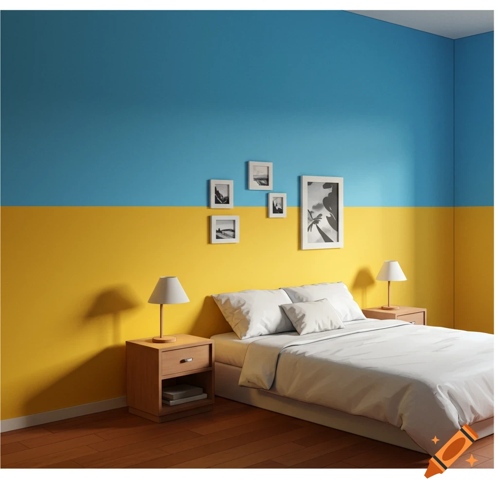 A bedroom with yellow lower walls, blue upper walls, blue ceiling, a bed, and nightstands.