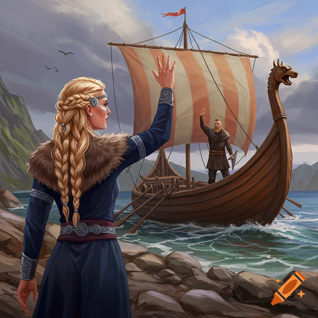 A Viking woman waves goodbye to her husband on a longship sailing away from the shore.