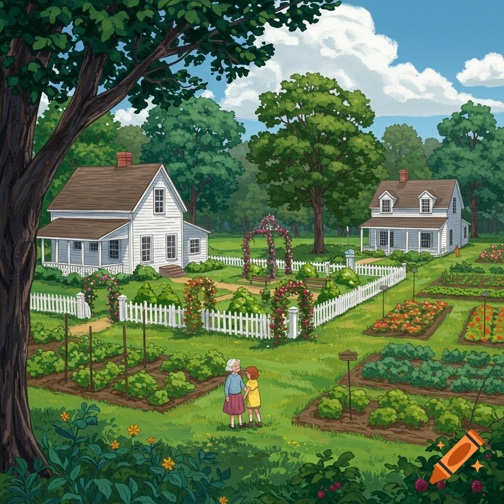 A rural landscape with houses, gardens, a fence, and two figures walking.