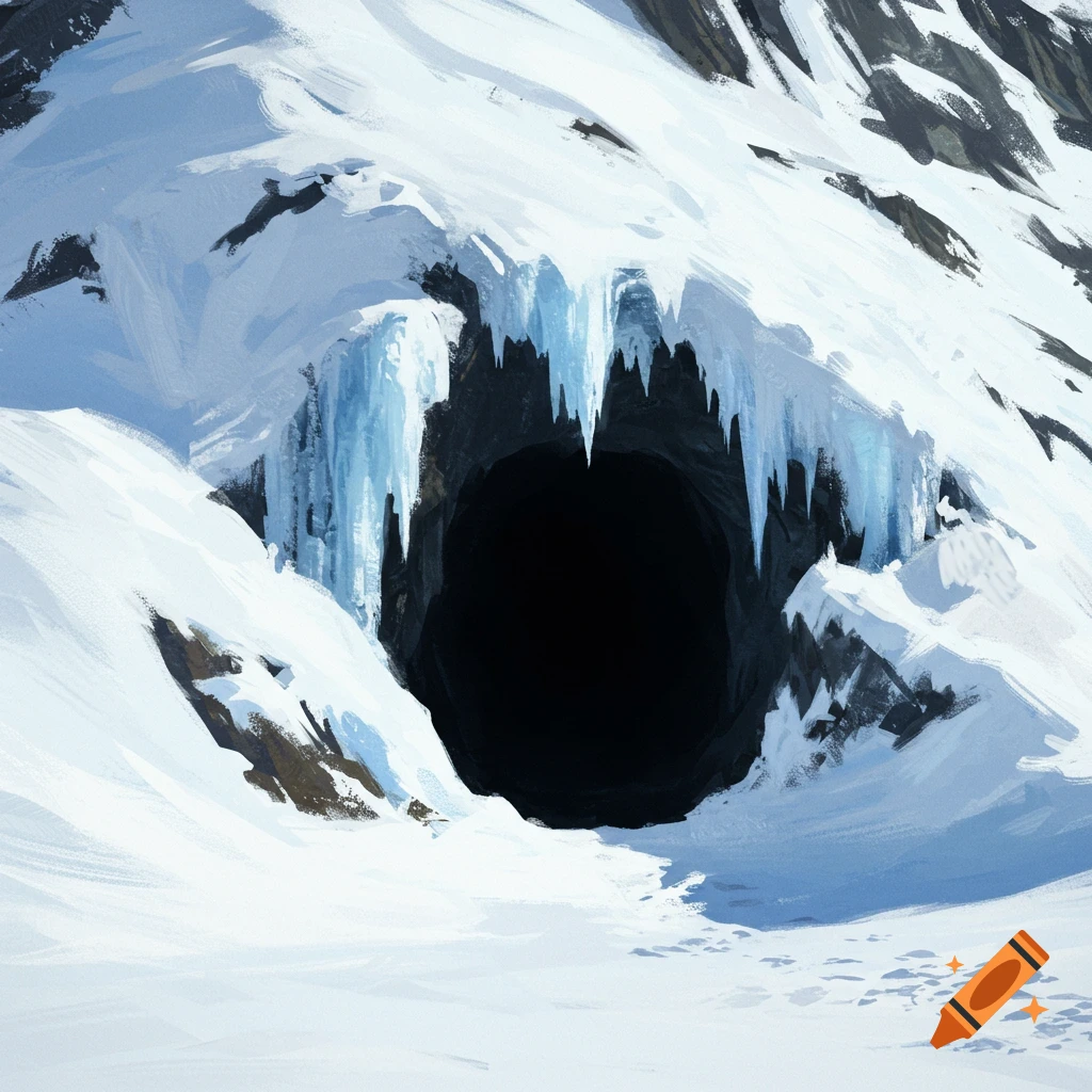 A snowy mountain cave entrance with large icicles.