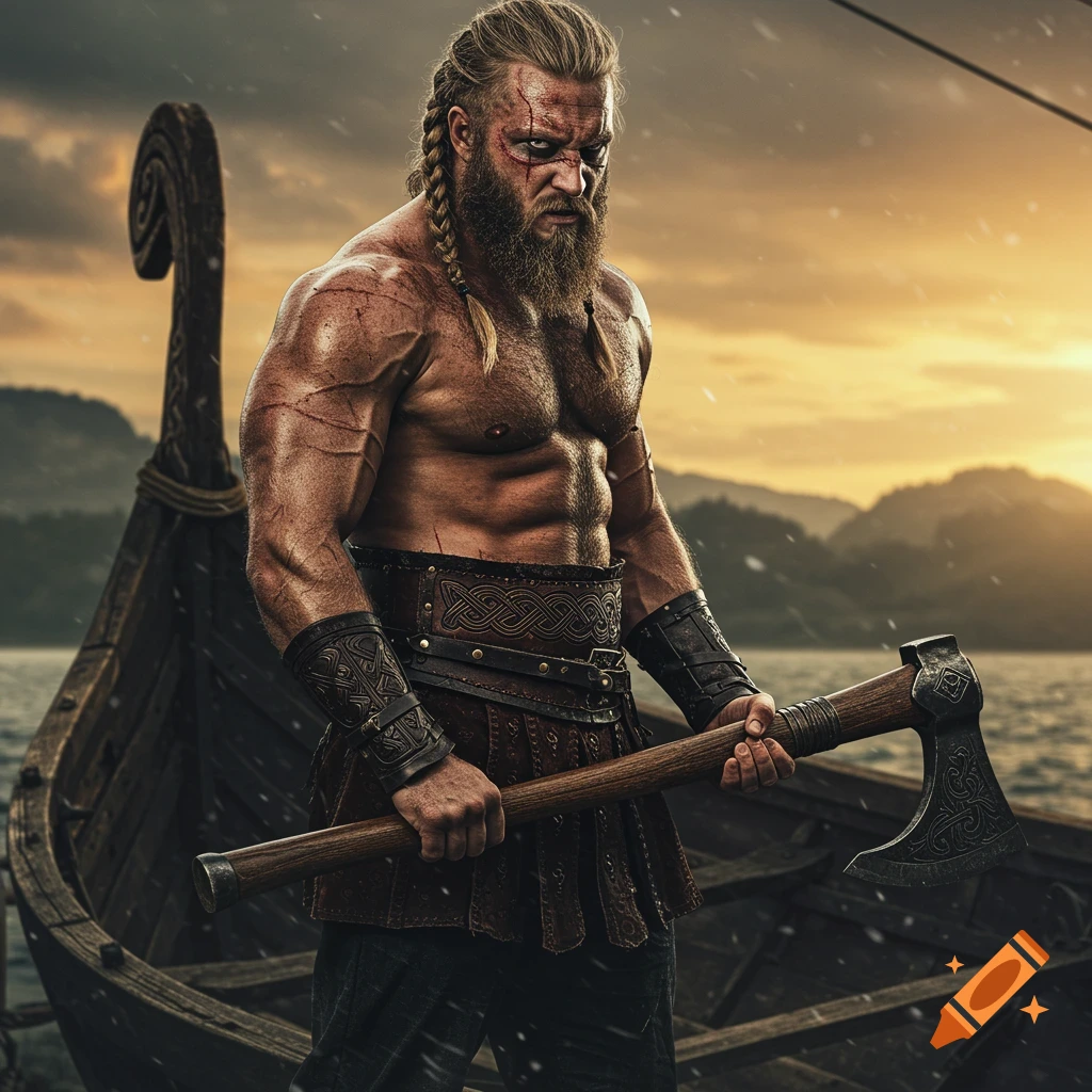 Muscular Viking warrior with braided hair stands on a longship, holding an axe, against a sunset landscape.