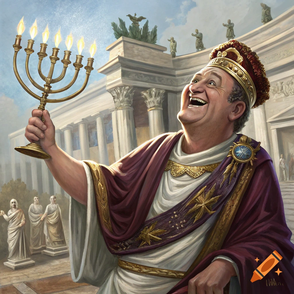 Smiling man in Roman robes and crown holds up a menorah in front of a Roman building.