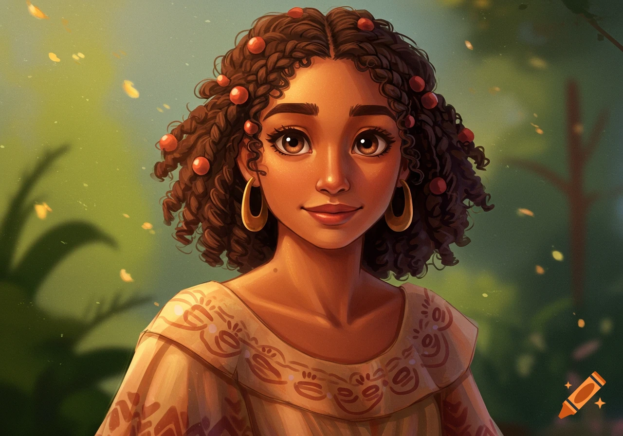 A portrait of a young woman with curly hair decorated with red berries and gold earrings, in a natural setting.