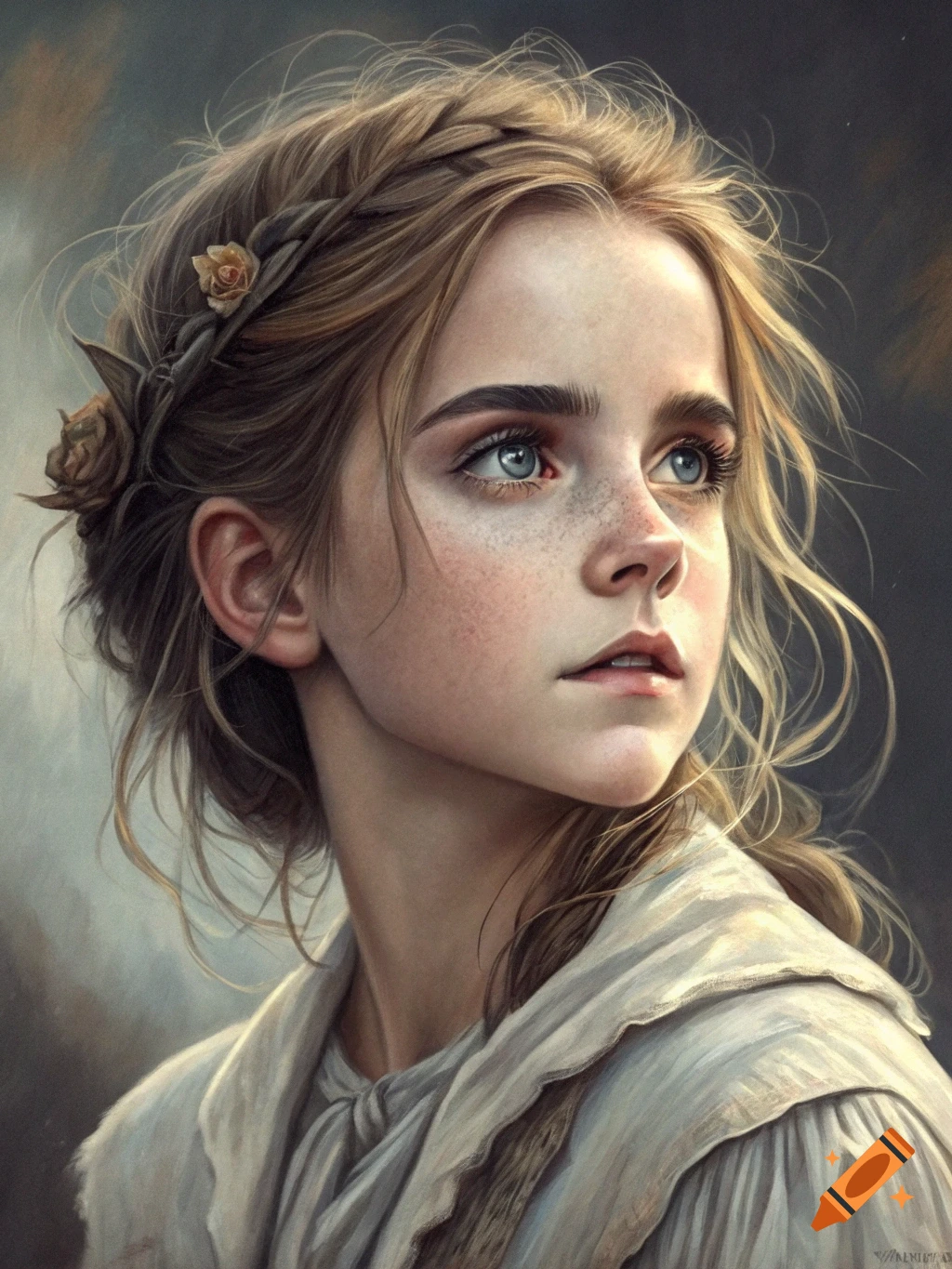 Portrait of a young woman with braided hair and flowers looking up.
