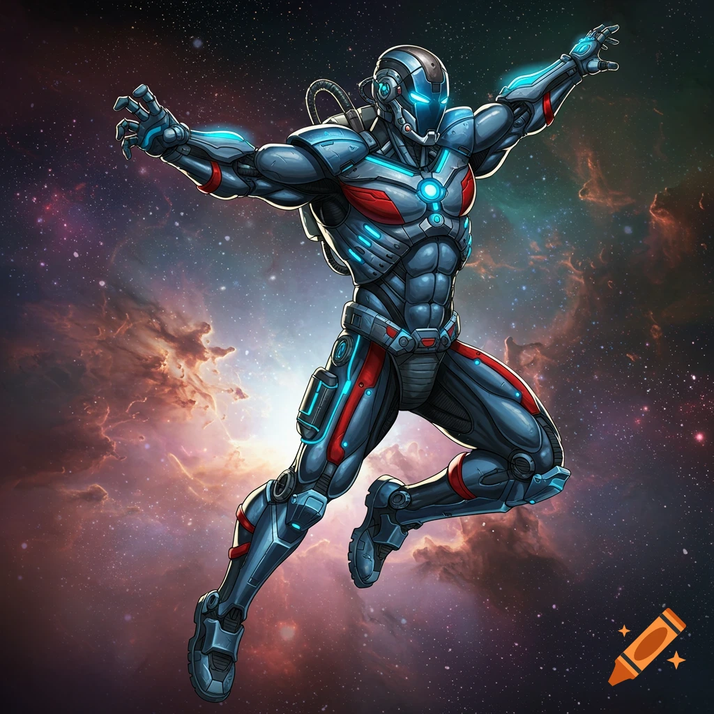 A superhero action figure is flying in space.