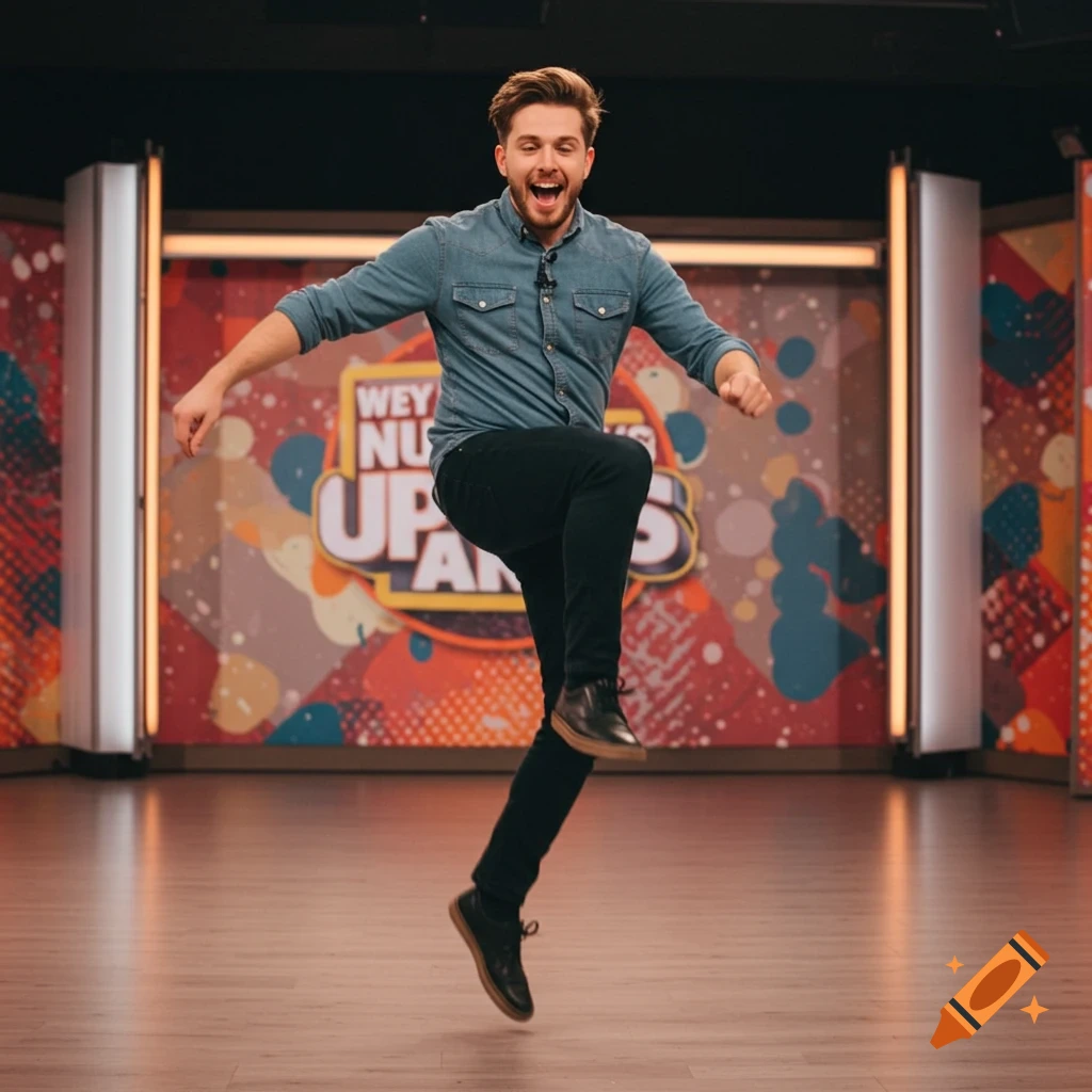 A man jumps in the air on a stage with a colorful background.