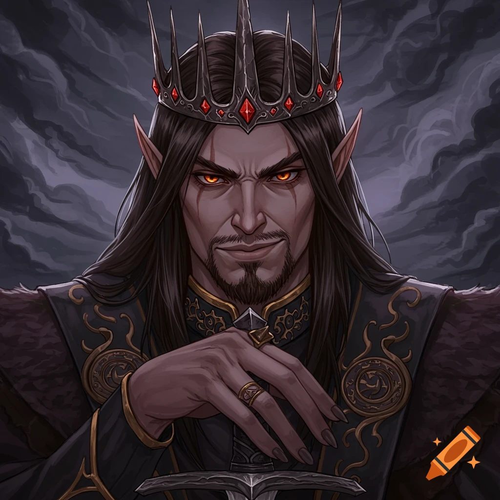 Evil fantasy king with red eyes, long hair, a dark crown, and ornate clothing.