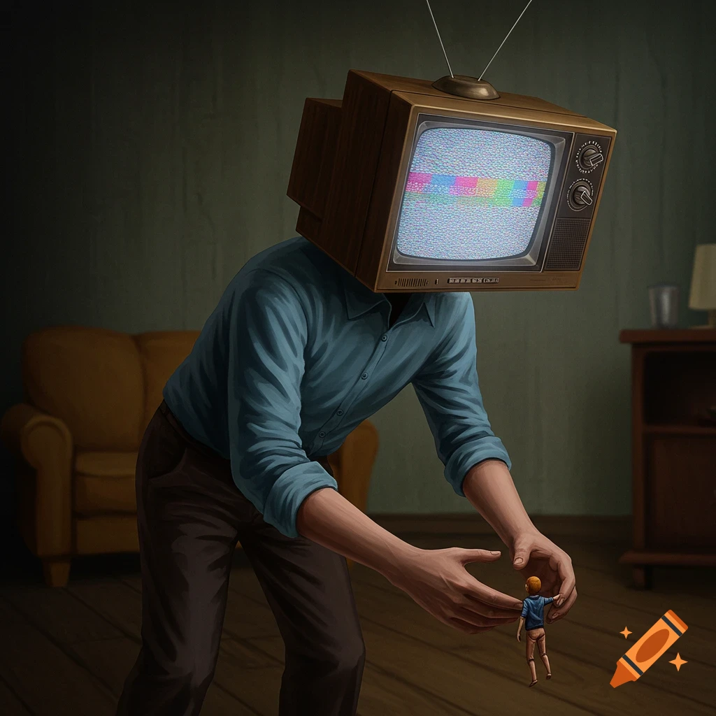 A man with a TV for a head leaning down and picking up a small human figure.