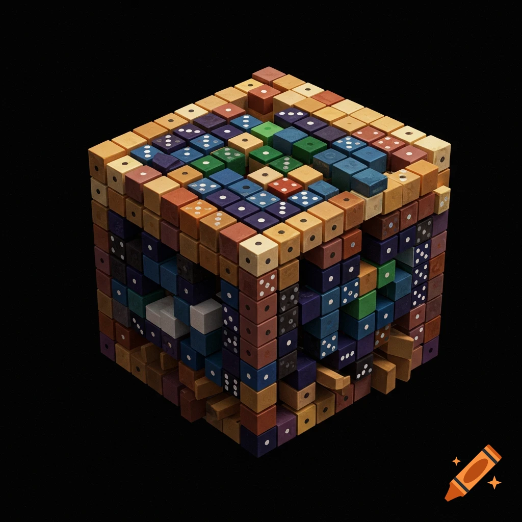 A cube constructed from many colorful dominoes against a black background.
