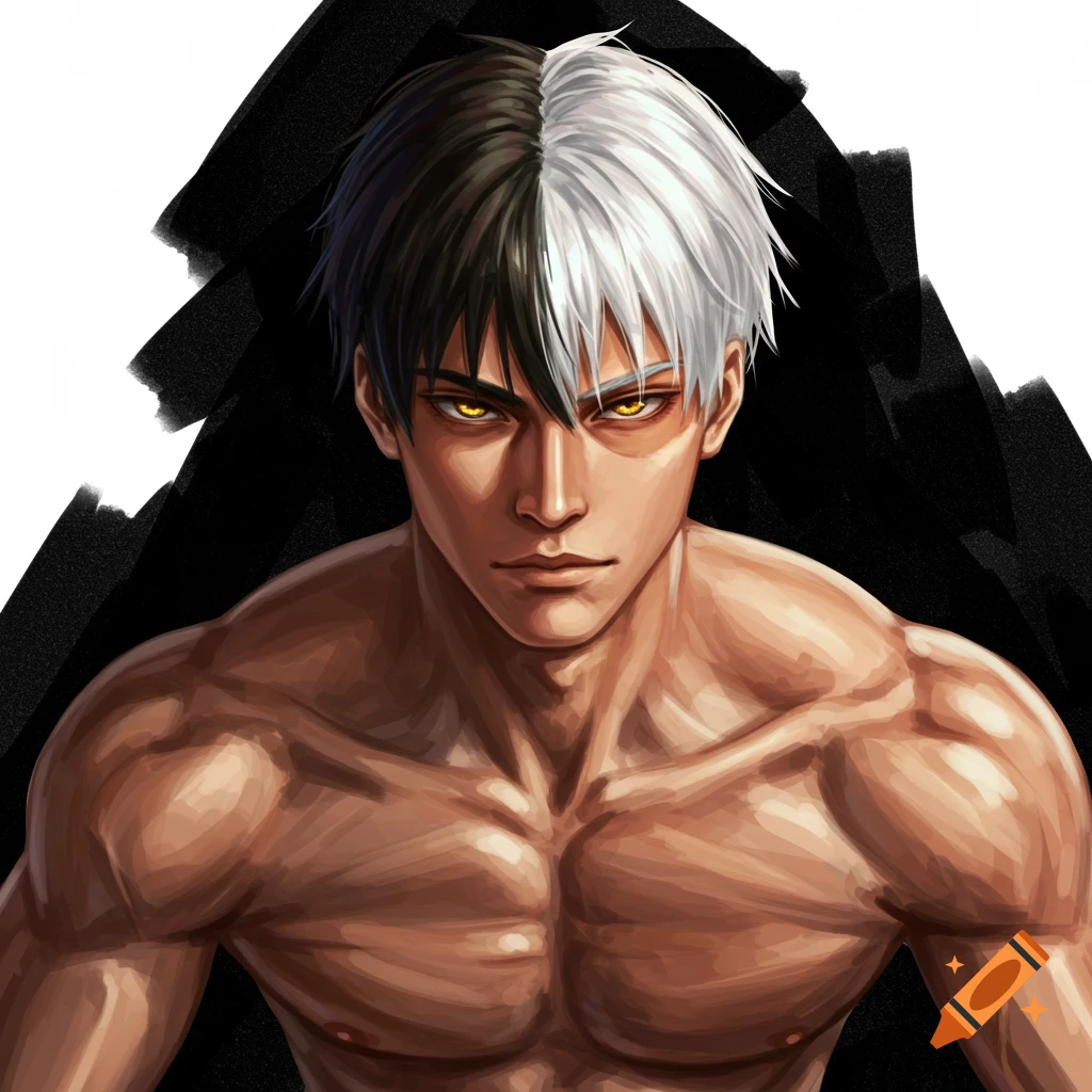 A handsome man with split black and white hair, gold eyes, and an athletic build.