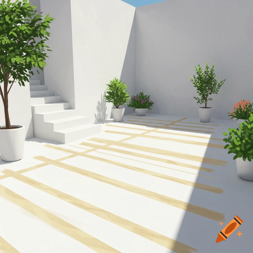 A white courtyard featuring stairs, potted plants, and sunlit yellow strips on the ground.