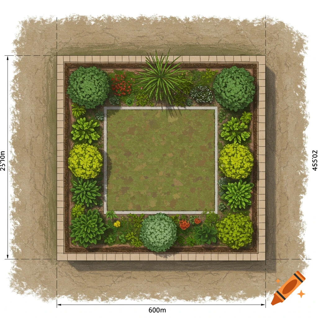 Top-down digital plan view of a square garden bed layout with a central lawn area, surrounded by plants and walls, with measurement labels.