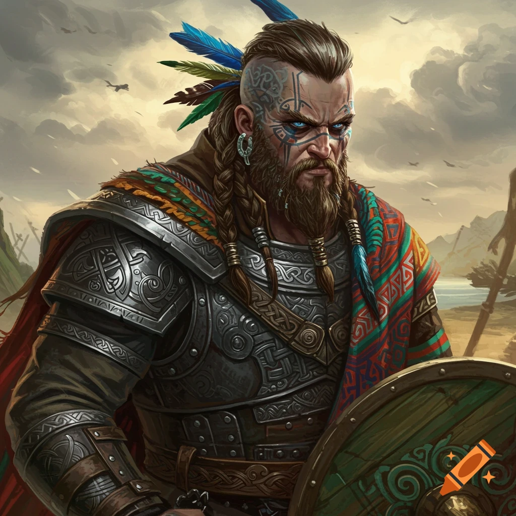 A fantasy warrior with armor, facial tattoos, feathered braids, and a colorful drape, holding a shield.
